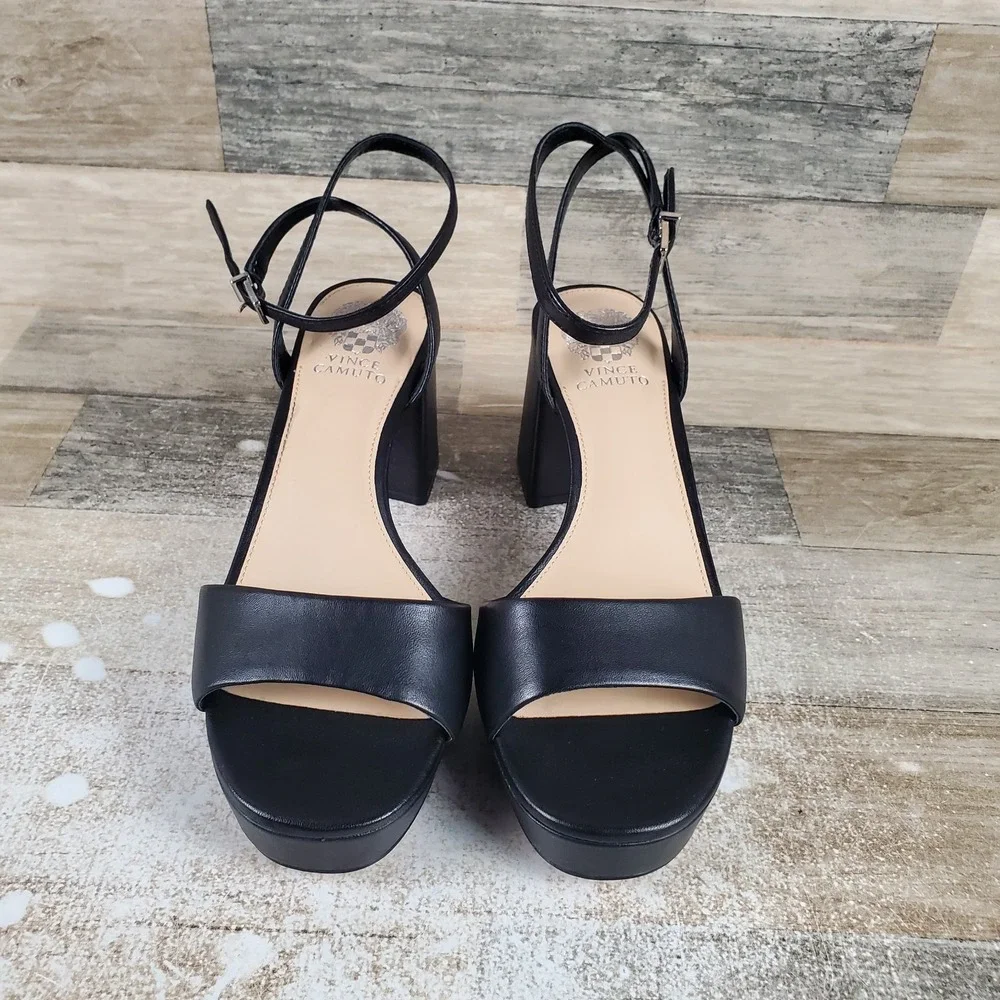 Vince Camuto Pendreya Womens Sandals Sz 7.5 M Black Baby Sheep Block Heel‎